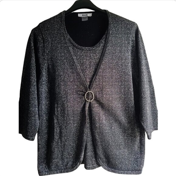 L✨Vintage Alia Sweater Black Grey Sparkly Top Blouse Closure with a Rhinestone - Picture 3 of 9
